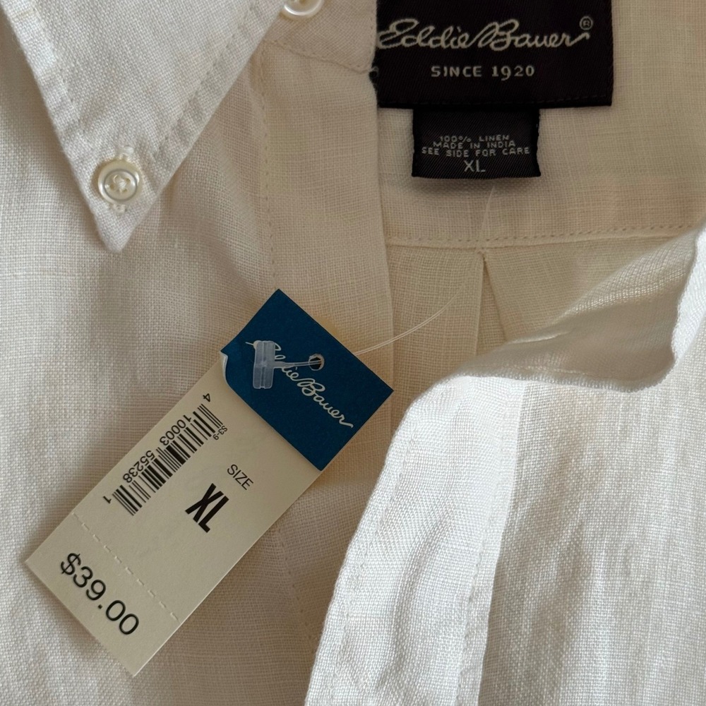 Eddie Bauer Men's XL 100% Linen Short Sleeve Button Down Shirt Cream Off White - Picture 3 of 6